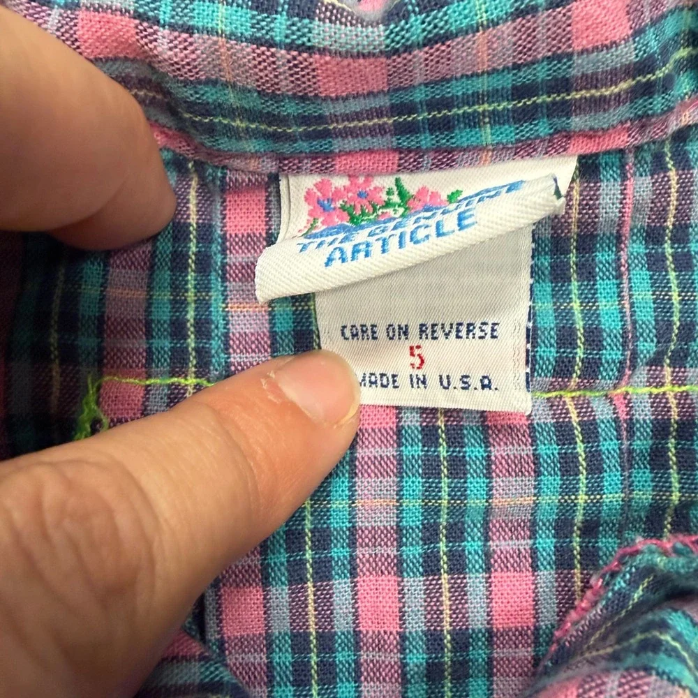 Vintage OshKosh Bgosh Girls Pink Teal Plaid Button Down Shirt Made in USA Size 5